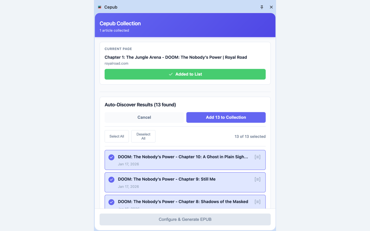 Cepub Auto-Discover feature showing discovered related articles from a tutorial series