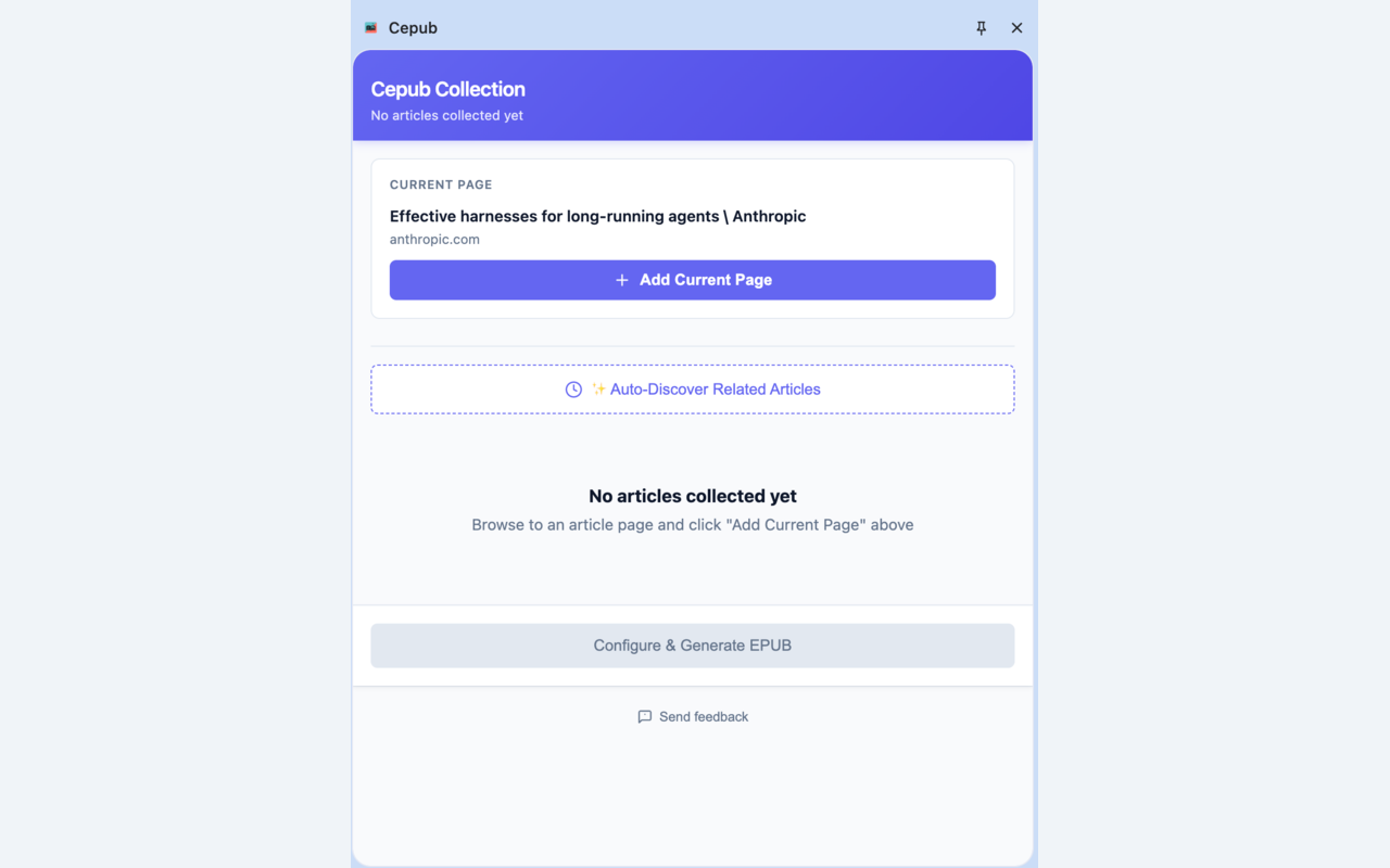 Cepub Chrome extension interface open on a blog post