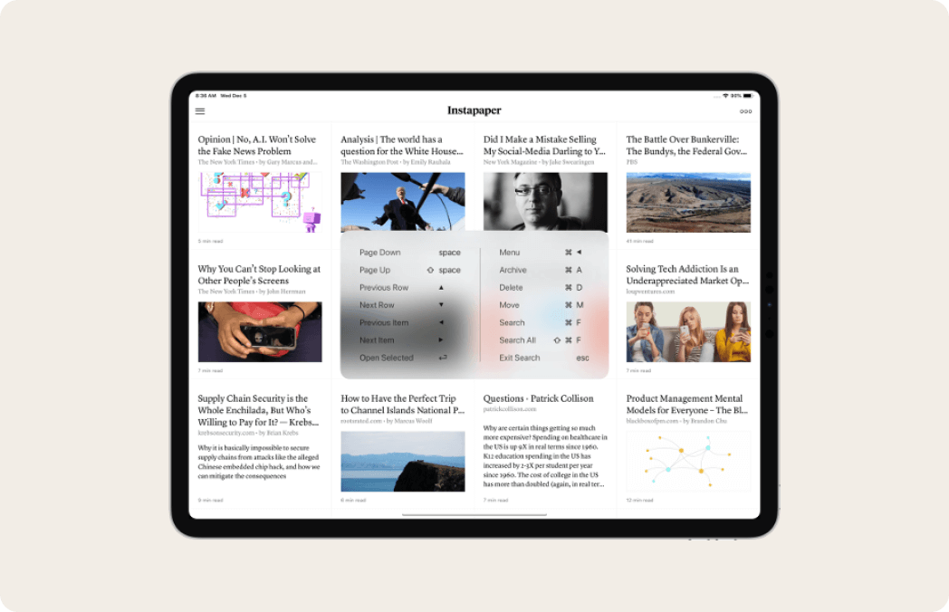 Instapaper app on iPad showing saved articles in a clean grid layout