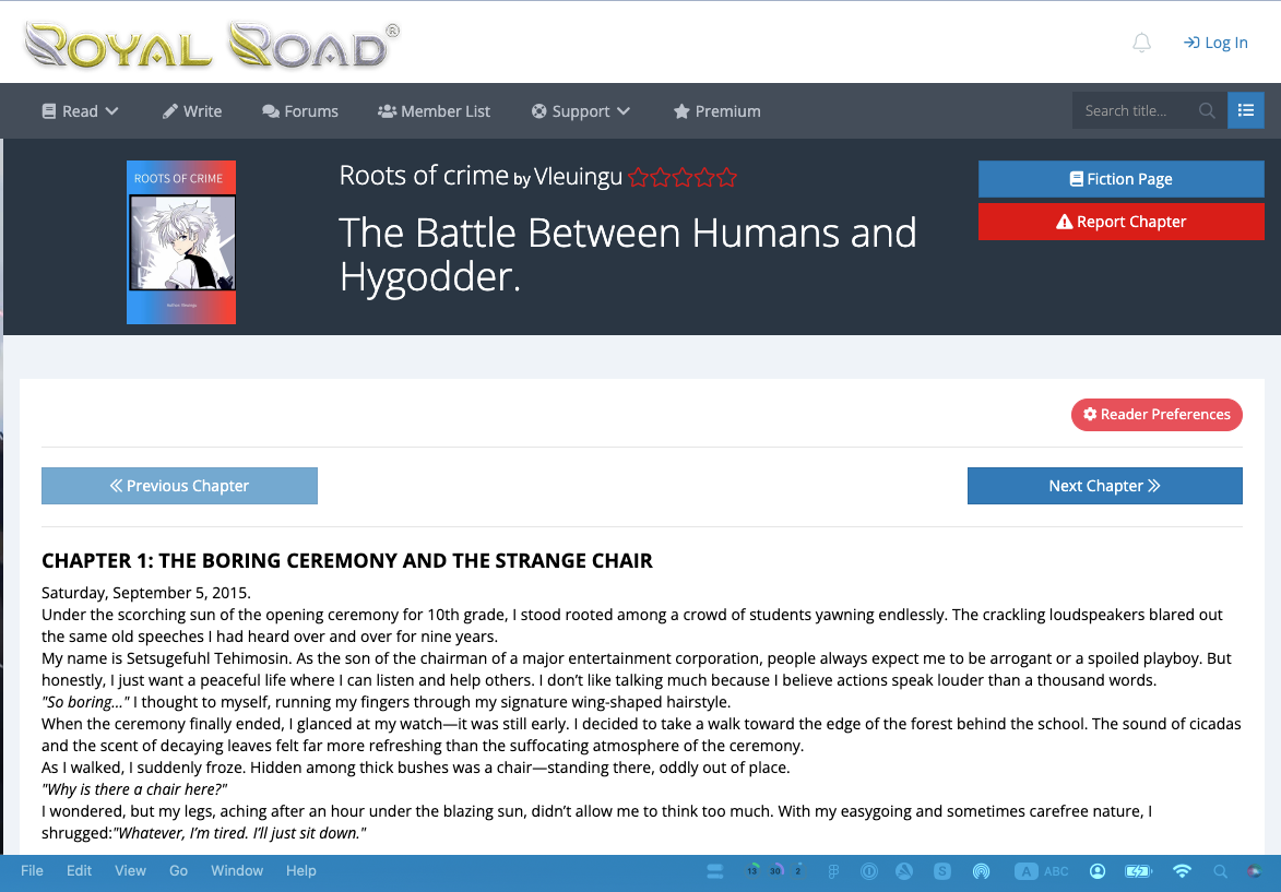 RoyalRoad fiction page showing novel with chapter list