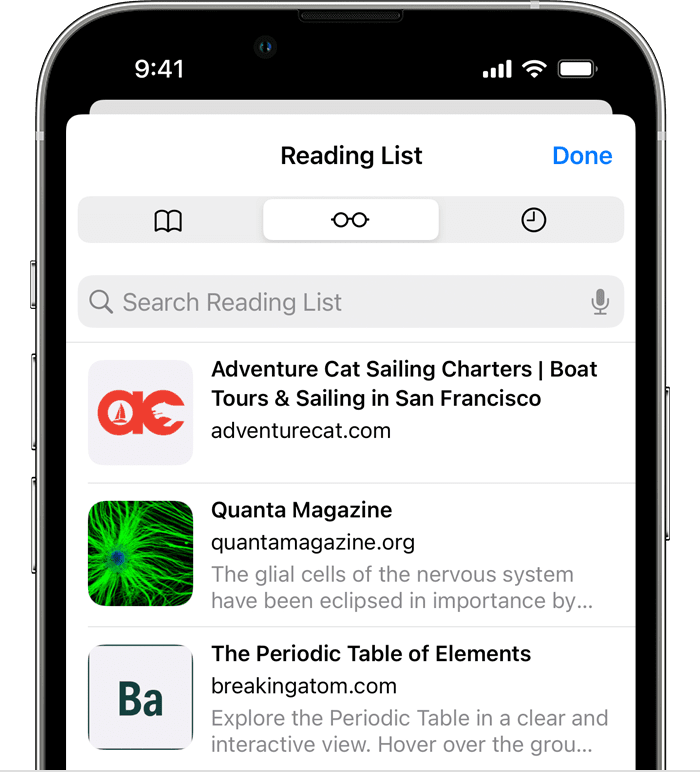 Safari Reading List on iPhone showing saved articles for offline reading