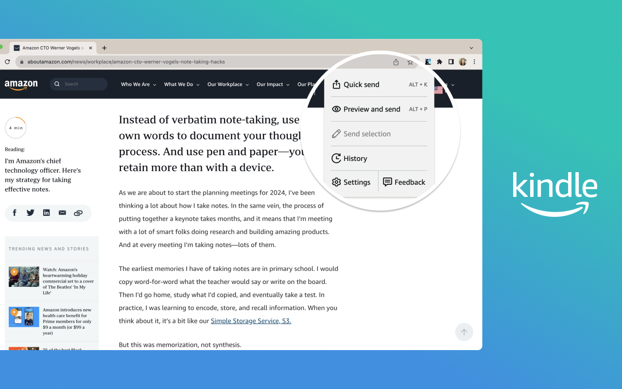 Send to Kindle Chrome extension showing quick send and preview options on a web article
