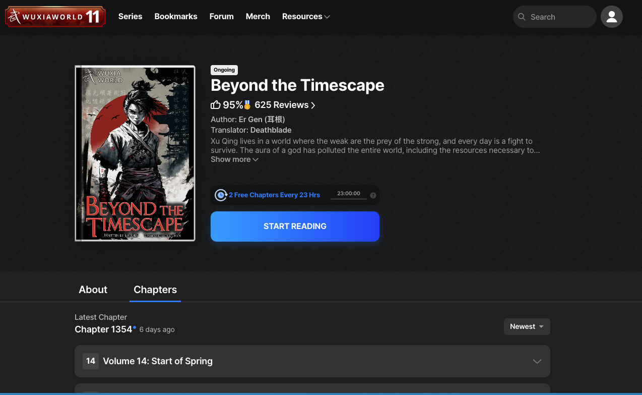 WuxiaWorld novel page showing Beyond the Timescape with 1354 chapters